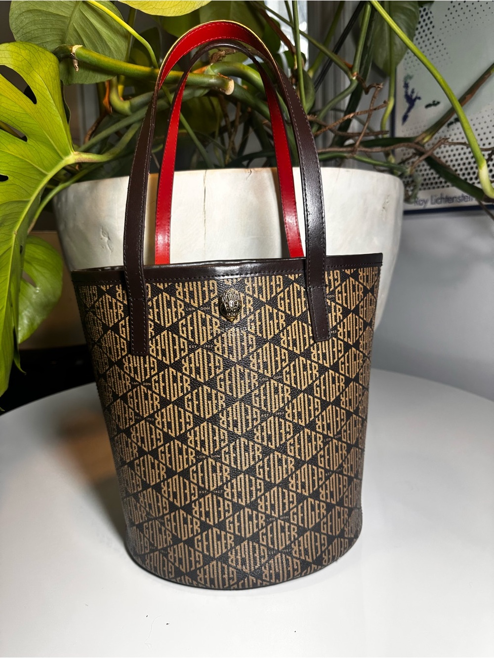 Kurt Geiger Brown Monogram Bucket Tote with Red-Trim Handles